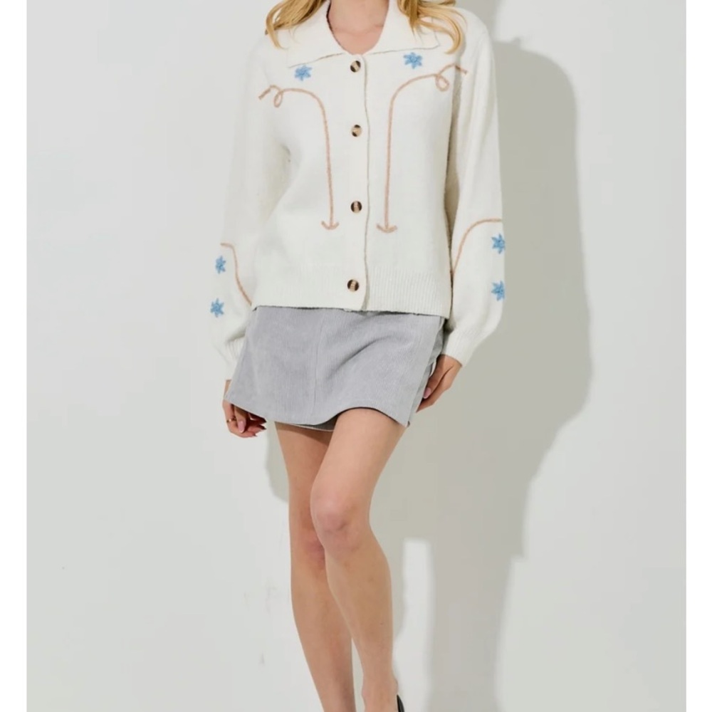 P&B White Embroidered Button-Up Cardigan with Blue Floral Accents 2X